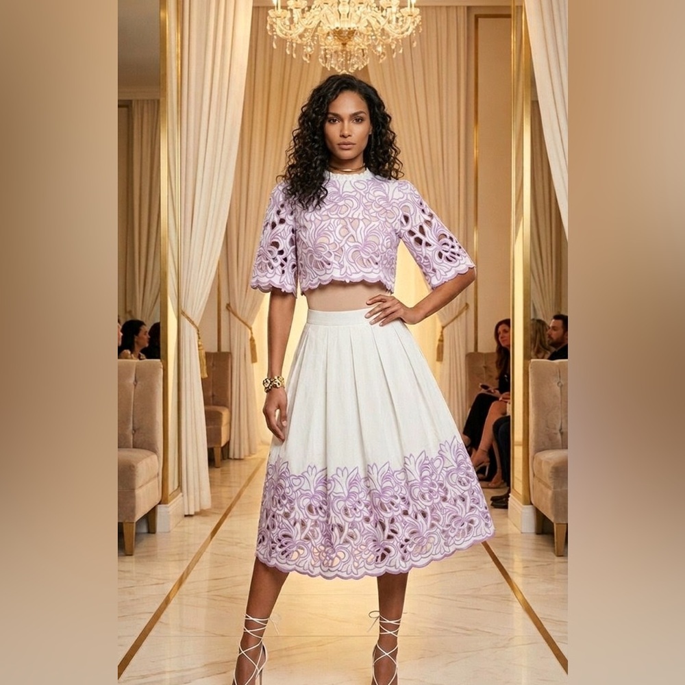 Sunfere Lace Embroidered Two-Piece Skirt Set in Lilac and White